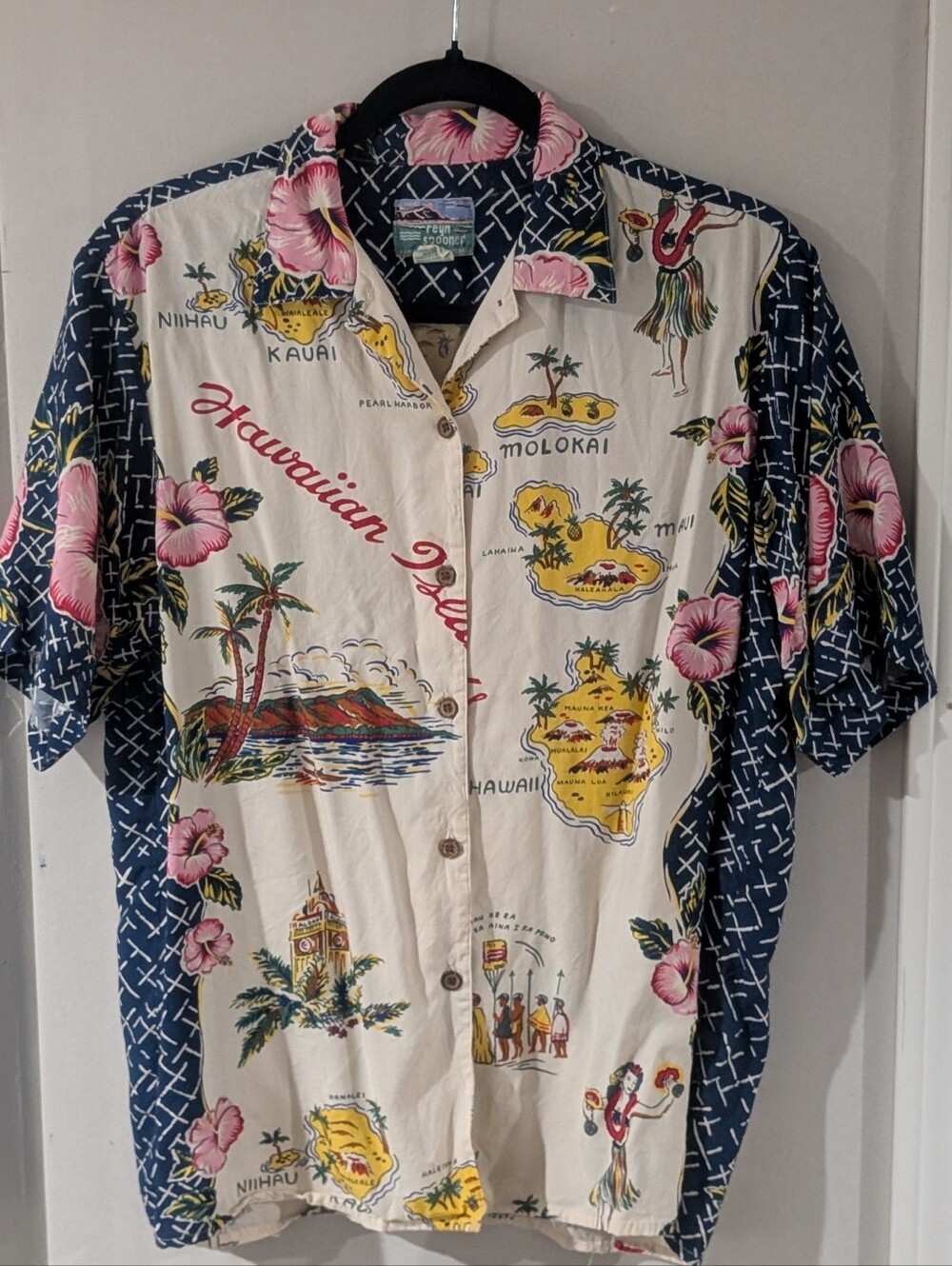 vintage reyn spooner Cream & Navy Hawaiian Map Print Button-Up Shirt
